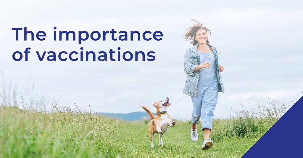 The importance of vaccinations banner with lady and dog